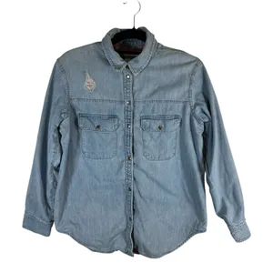 American Eagle Flannel Lined Denim Shirt Womens Small Oversized‎ Distressed Blue thumbnail 1