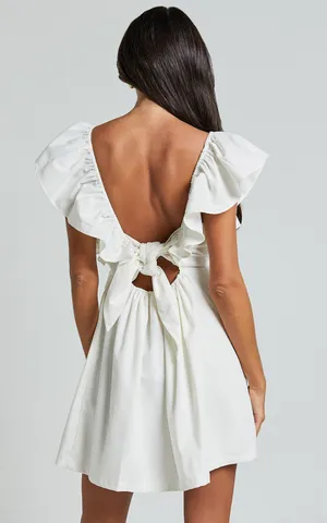Showpo Raiza Mini Dress Ruffle Sleeve Tie Back Plunge Dress 100% Cotton In Off White! thumbnail 4