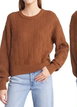 Reformation Winnie Brown Basketweave Organic Cotton Crewneck Sweater Size XL thumbnail 1
