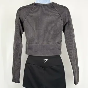 OFFLINE by Aerie Crop Top Women LG Gray Acid Wash Seamless Long Sleeve Big Chill thumbnail 4