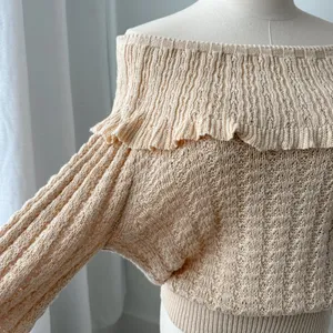 Crazy In Love Beige Linen Blend Off-The Shoulder Ruffle Sweater M thumbnail 4