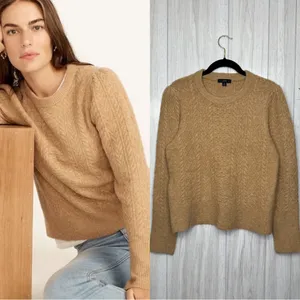 J. Crew Stretch Wool Cable Knit Crewneck Sweater Camel size M Medium BB408 thumbnail 1
