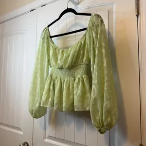 A.CALIN Flying Tomato Sage Green Texture Peplum Top‎ Balloon Sleeve Cottage Core thumbnail 6