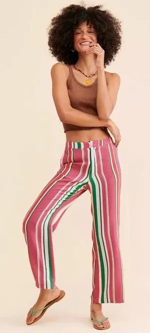 Free People La Paz Stripe Cotton‎ Blend Ankle Pants Berry Combo Size 0 thumbnail 1