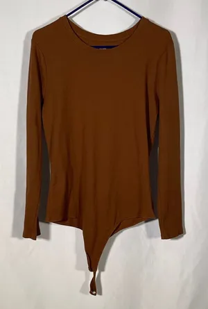 Nuuds Womens Ribbed Brown Camel Long Sleeve Bodysuit Xxl thumbnail 1
