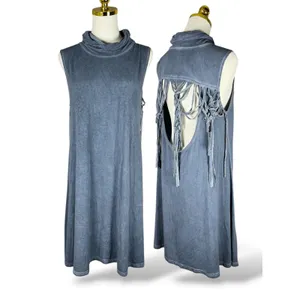 POL Womens Blue Mineral Wash Cowl Neck Fringe Open Back Sleeveless Mini Dress L thumbnail 2