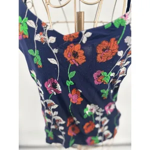 Anthropologie Kellen Floral Embroidered Cami Tank Navy Spaghetti Strap Top XS thumbnail 8