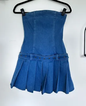Windsor Denim Strapless Pleated Mini Dress Y2K Style Size XS thumbnail 1