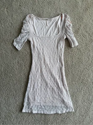 Free People y2k White Lace Mini Dress Square Neck 3/4 Sleeve Boho Romantic Sz xs thumbnail 2