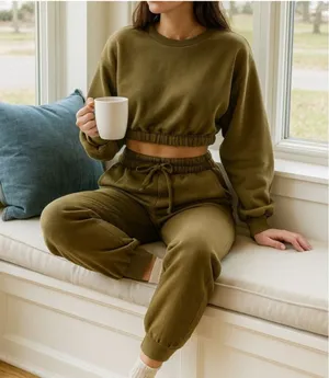 Zenana 2 Pcs Crop Top Tracksuit Jogger Pants Set Outfit Workout Active Lounge Olive Green Size Large thumbnail 1