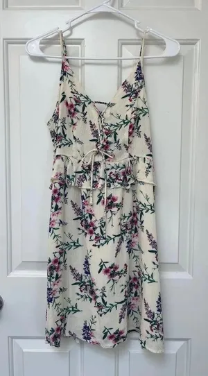 American Eagle Outfitters Cream Floral Tie-Front Mini Dress thumbnail 2