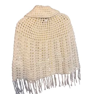 VTG San Yueh Hand Crochet Capelet Cream Fringe Button Front Small Boho Cottage thumbnail 5
