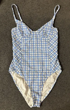 Tory Burch Check Plaid Gingham Swimsuit size M Underwire Blue White Seersucker thumbnail 1