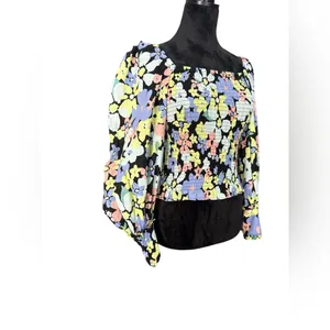 Free People Smocked Floral Puff Sleeve Top‎ XS – Square Neck Black Multicolor thumbnail 4