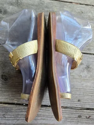 Tory Burch Marcia Gold Metallic Toe Ring Logo Vamp Slide On Sandal Size 8 thumbnail 4