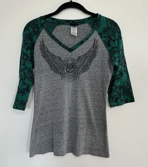 Harley-Davidson Womens Grizzly Missoula‎ Montana Rhinestone Winged Skull Top S thumbnail 1