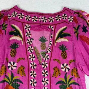 Farm Rio Pink Tropical Leopard Floral Tassel Tunic Top XS 307082 Metallic Lurex thumbnail 9