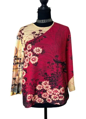 Euro Inspired Yukiko Cherry Blossom Graphic Knit Tee 3/4 Sleeve Y2K Art Top XL thumbnail 1