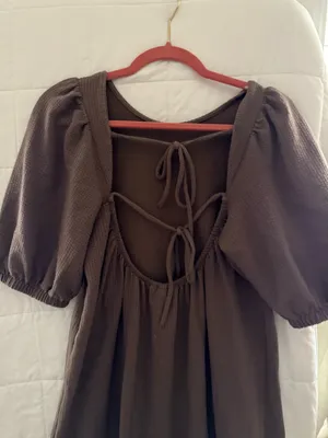 Long brown puff sleeve modest back tie dress fall style midi maxi long dress thumbnail 5