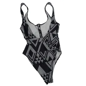 Aerie‎ One Piece Swimsuit S Black White Geometric Tribal Henley High Cut Cheeky thumbnail 5