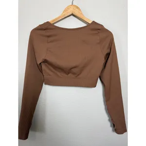 Brown Ribbed Seamless Long Sleeve Crop Top Square Neck Thumbhole‎ L thumbnail 5
