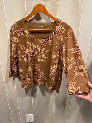 Source Unknown Cute Y2K sandalwood roses lace trim mesh stretchy top 3/4 sleeve thumbnail 3