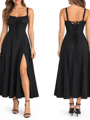 Parthea Black Corset Midi Dress Size M Lace Up Back Side Slit NIP thumbnail 2