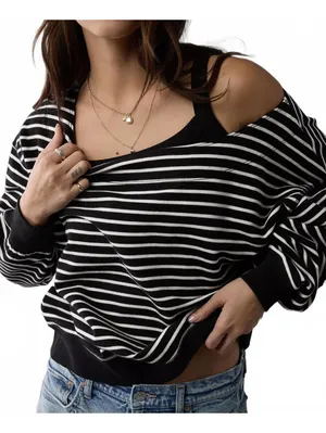 AE Off The Shoulder Sweatshirt American Eagle Black White Striped NWT Size Small thumbnail 1