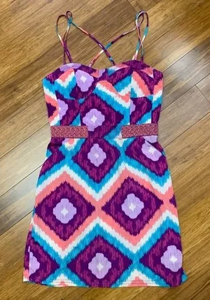 Y2K American Eagle‎ Mini Dress Womens 0 Purple Bodycon Strappy Summer Party Ikat thumbnail 1