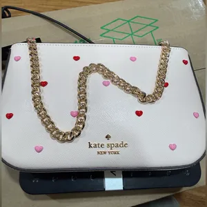 kate spade Pink Madison Heart Studs Pouch Gold Chain Strap Powdered Sugar NWT thumbnail 15