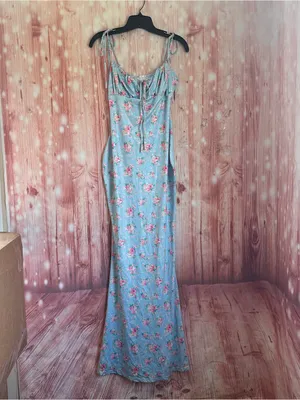 Shein PARTHEA Blue Floral Print Spaghetti Strap Mermaid Hem Ruched Maxi Dress L thumbnail 2