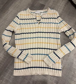 Striped Rib-Knit Crewneck Sweater - Cream with Navy & Blue Stripes thumbnail 1
