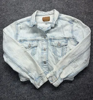American Eagle Outfitters Pale Blue Cropped Denim Distressed Jacket thumbnail 1