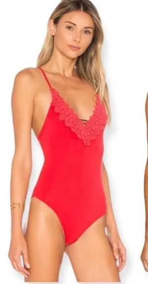 Intimately Free People Gia Red Lace Trim Bodysuit Size Small thumbnail 1