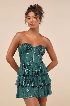 NWT Lulus Definite Glamour Emerald Mesh Sequin Bustier Tiered Mini Dress Size XS thumbnail 1