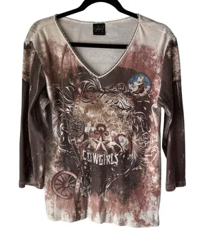 Katina Marie Shirt Large Brown Western Cowgirls‎ Graphic Long Sleeve USA Grunge thumbnail 1