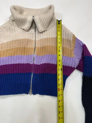 aerie 100% Cotton Cropped Zip-Up Striped Sweater in Cream, Mustard, Purple, Navy thumbnail 3