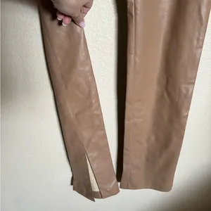ZARA Faux Leather High Rise Straight Leg Pants Leggings Split‎ Hem Sz XL tan NEW thumbnail 2