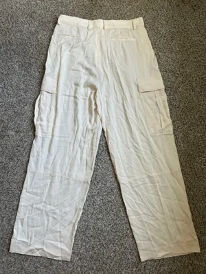 Zara Cream Cargo Trousers Casual Wide Leg Neutral Casual Large thumbnail 5