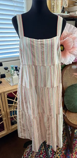 Madewell Button Back Rainbow Stripe Tiered Preppy Boho Montauk Midi Dress thumbnail 1