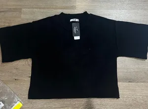 Black Cropped Sweater - knit crew neck short sleeve pull over sweater oversized thumbnail 1