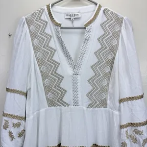 Hale Bob White Gold Embroidered Boho V Neck Tiered Gauze Taliah Dress MEDIUM thumbnail 7