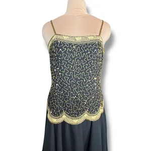 Vintage Beaded Black Gold Drop Waist Metallic Sequin Cocktail Dress Sleeveless 4 thumbnail 3