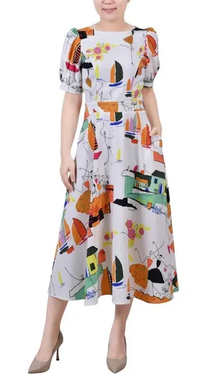NWT Ny Collection Sleeve Midi Length Jacquard Dress Country Painting White S thumbnail 1