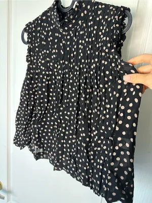 GANNI 2025 Polka Dot Print Mock Neck Smocked Ruffle Pleated Flowy blouse top XS thumbnail 8