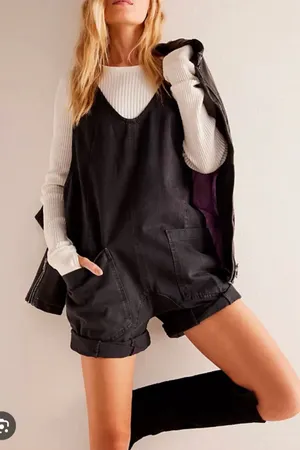 Free people black highroller shortall jumpsuit large nwt thumbnail 1