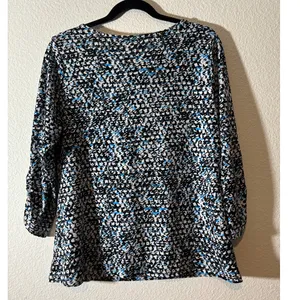 Ann Taylor Women's Size L Blue Black Abstract Cowl Neck 3/4 Sleeves Blouse Top thumbnail 2