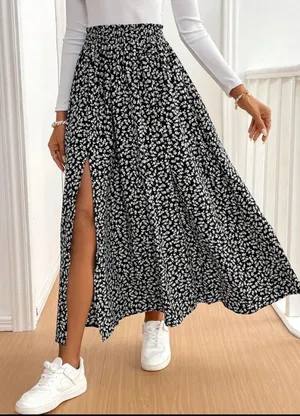 black and white floral slit skirt thumbnail 2