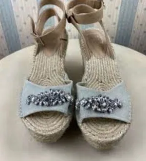 Kaari blue wedge denim and rhinestone sandals NWT Size 9M thumbnail 2