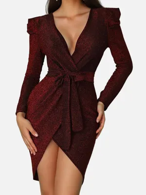 Elegant Burgundy Shimmer Faux Wrap Dress - Puff Sleeves Tulip Hem thumbnail 1
